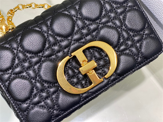 CD Small Di.or Caro Bag Supple Cannage Calfskin Gold Tone Metal Black