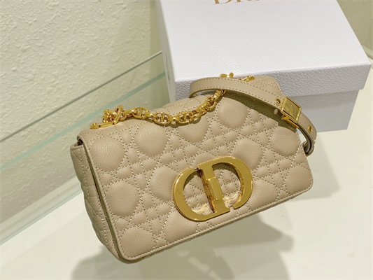 CD Small Di.or Caro Bag Supple Cannage Calfskin Gold Tone Metal Beige