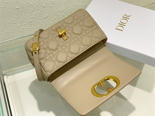 CD Small Di.or Caro Bag Supple Cannage Calfskin Gold Tone Metal Beige