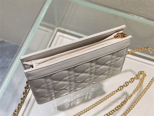 CD Caro Zipped Pouch Supple Cannage Calfskin Gold Tone Metal White