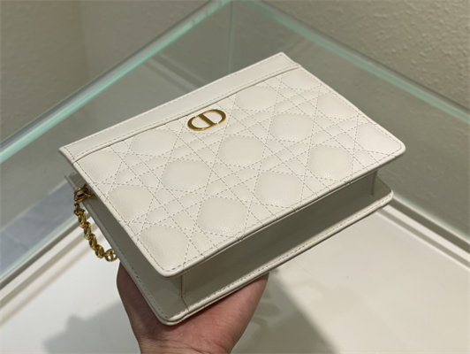 CD Caro Zipped Pouch Supple Cannage Calfskin Gold Tone Metal White