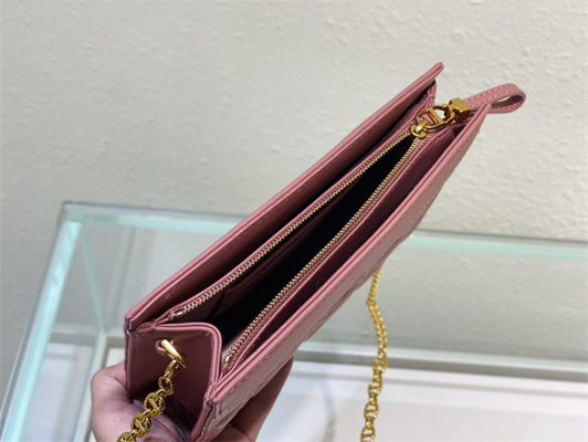CD Caro Zipped Pouch Supple Cannage Calfskin Gold Tone Metal Pink