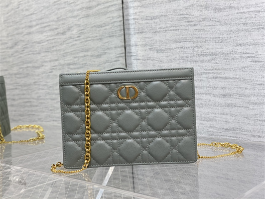 CD Caro Zipped Pouch Supple Cannage Calfskin Gold Tone Metal Stone Grey