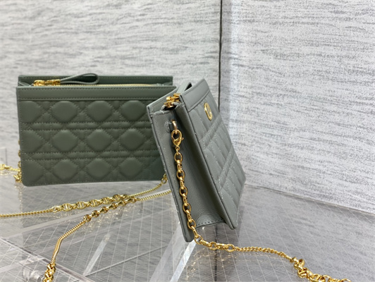 CD Caro Zipped Pouch Supple Cannage Calfskin Gold Tone Metal Stone Grey