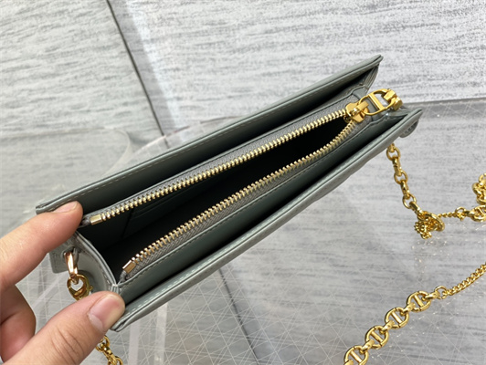 CD Caro Zipped Pouch Supple Cannage Calfskin Gold Tone Metal Stone Grey