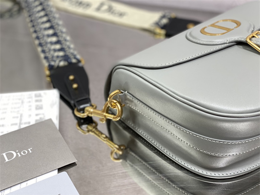 CD Large Di.or Bobby Bag Stone Grey Box Calfskin With Blue Di.or Oblique Emb Shoulder Strap
