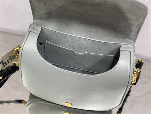 CD Large Di.or Bobby Bag Stone Grey Box Calfskin With Blue Di.or Oblique Emb Shoulder Strap