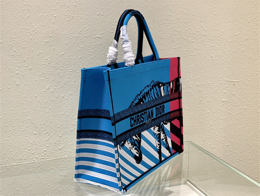 CD Large Book Tote D-Jungle Pop Embroidery Blue and Pink