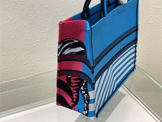 CD Large Book Tote D-Jungle Pop Embroidery Blue and Pink