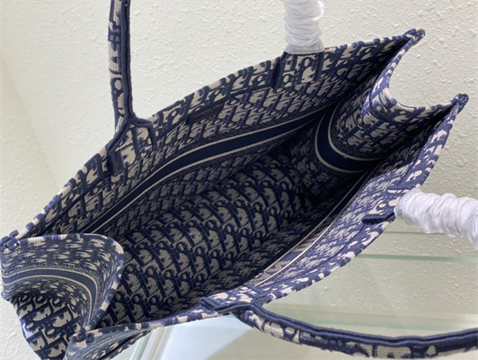 CD Large Book Tote Ecru and Blue Oblique Embroidery