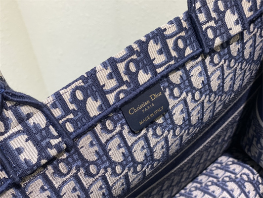 CD Large Book Tote Ecru and Blue Oblique Embroidery