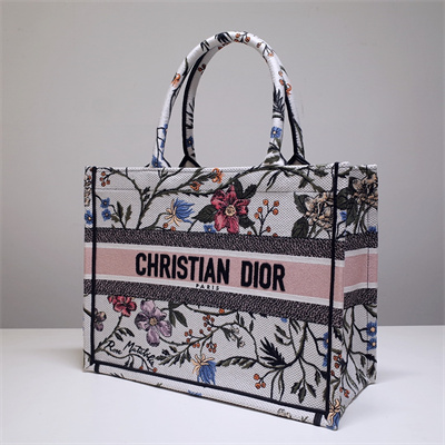 CD Medium Book Tote Rosa Mutabilis Embroidery White Multicolor