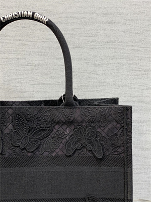 CD Medium Book Tote Black D-Lace Butterfly Embroidery With Macrame Effect