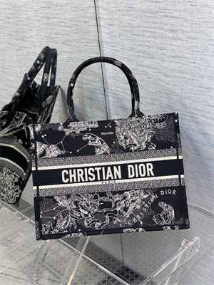 CD Medium Book Tote Di.or Zodiac Embroidery Black and White