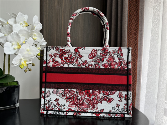 CD Medium Book Tote Le C?ur des Papillons Embroidery White and Red