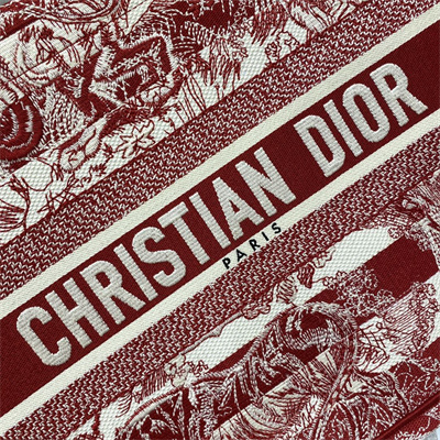 CD Medium Book Tote Stripes Toile de Jouy Embroidery White and Red