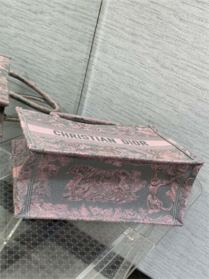 CD Medium Book Tote Toile de Jouy Embroidery Grey and Pink