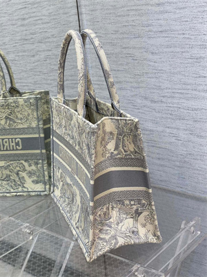 CD Medium Book Tote Toile de Jouy Embroidery Ecru and Grey
