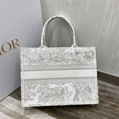 CD Medium Book Tote Toile de Jouy Embroidery White and Gold