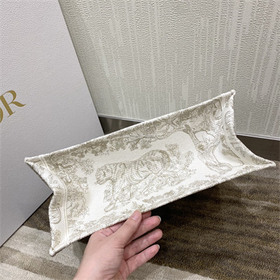 CD Medium Book Tote Toile de Jouy Embroidery White and Gold