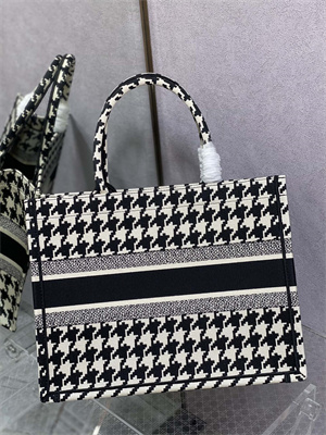 CD Medium Book Tote Macro Houndstooth Embroidery Black and White