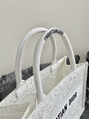 CD Medium Book Tote White D-Lace Embroidery With Macrame Effect