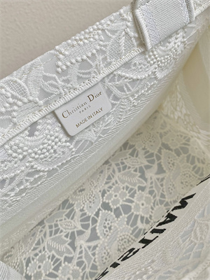 CD Medium Book Tote White D-Lace Embroidery With Macrame Effect
