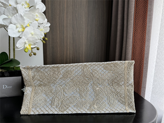 CD Medium Book Tote Beige D-Lace Butterfly Embroidery With Macrame Effect