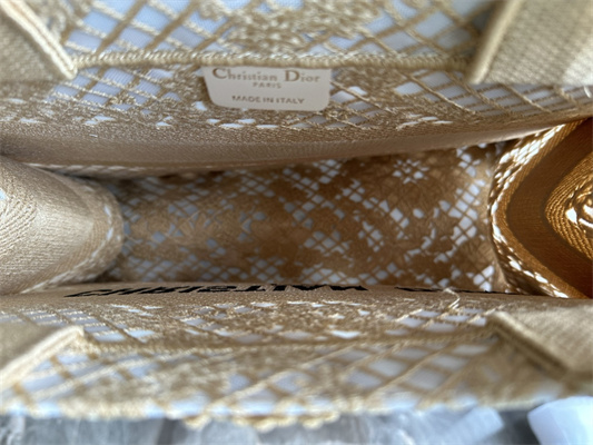 CD Medium Book Tote Beige D-Lace Flowers Embroidery With Macrame Effect