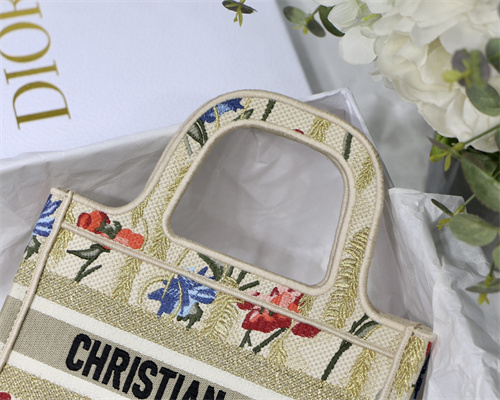 CD Mini Book Tote Hibiscus Embroidery Beige Multicolor