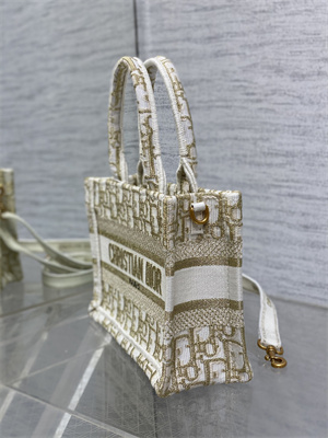 CD Mini Book Tote With Strap Oblique Embroidery White and Gold Tone