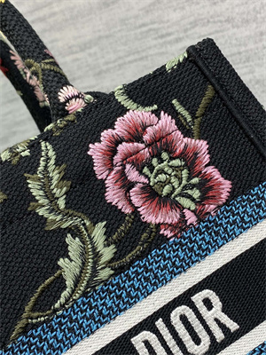CD Small Book Tote Petites Fleurs Embroidery Black Multicolor