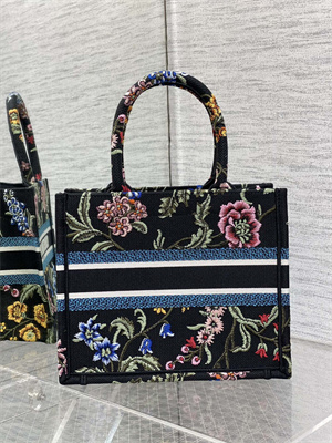 CD Small Book Tote Petites Fleurs Embroidery Black Multicolor