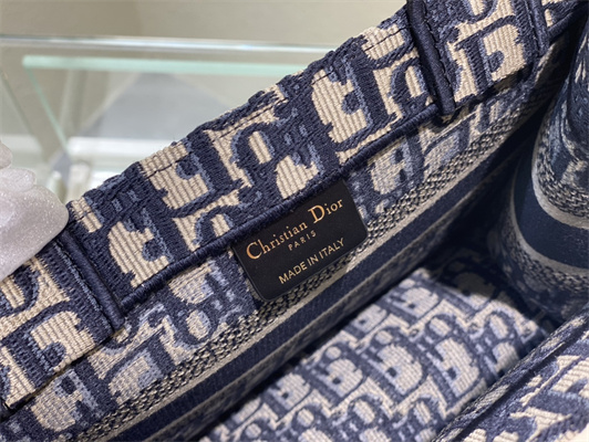 CD Small Book Tote Ecru and Blue Oblique Embroidery