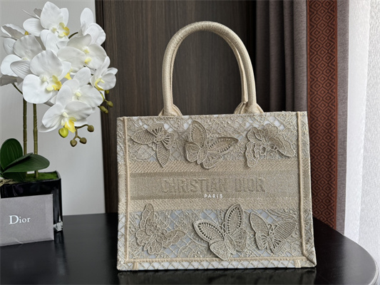 CD Small Book Tote Beige D-Lace Butterfly Embroidery With Macrame Effect