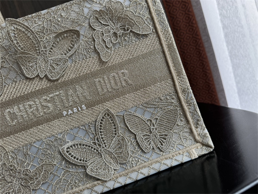 CD Small Book Tote Beige D-Lace Butterfly Embroidery With Macrame Effect