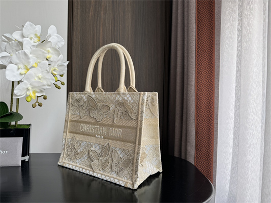 CD Small Book Tote Beige D-Lace Butterfly Embroidery With Macrame Effect