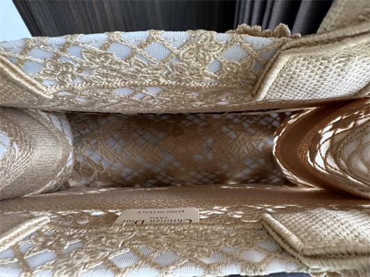 CD Small Book Tote Beige D-Lace Flowers Embroidery With Macrame Effect