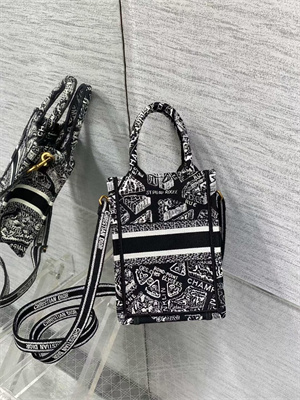 CD Mini Vertical Di.or Book Tote With Strap Plan de Paris Embroidery Black and White