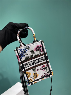 CD Mini Vertical Di.or Book Tote With Strap Petites Fleurs Embroidery White Multicolor
