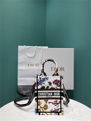 CD Mini Vertical Di.or Book Tote With Strap Petites Fleurs Embroidery White Multicolor