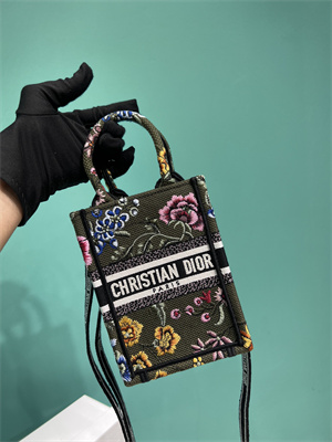 CD Mini Vertical Di.or Book Tote With Strap Petites Fleurs Embroidery Kaki Green Multicolor