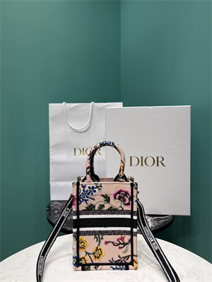 CD Mini Vertical Di.or Book Tote With Strap Petites Fleurs Embroidery Nude Beige Multicolor