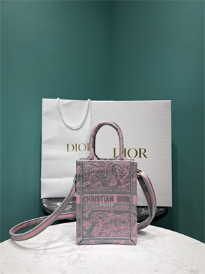 CD Mini Vertical Di.or Book Tote With Strap Toile de Jouy Embroidery Grey and Pink
