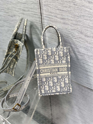 CD Mini Vertical Di.or Book Tote With Strap Grey Oblique Embroidery