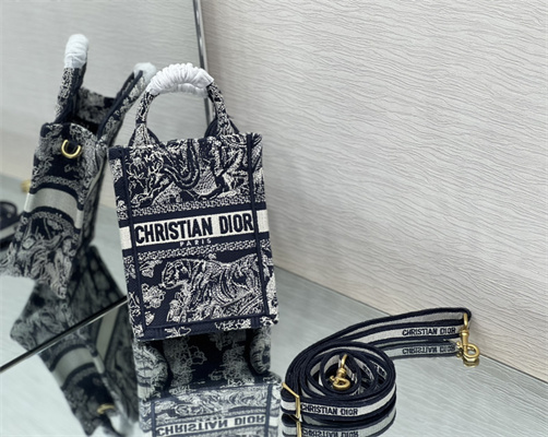 CD Mini Vertical Di.or Book Tote With Strap Blue Toile de Jouy Embroidery