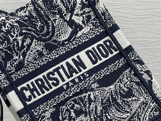 CD Mini Vertical Di.or Book Tote With Strap Blue Toile de Jouy Embroidery