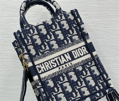 CD Mini Vertical Di.or Book Tote With Strap Blue Oblique Embroidery