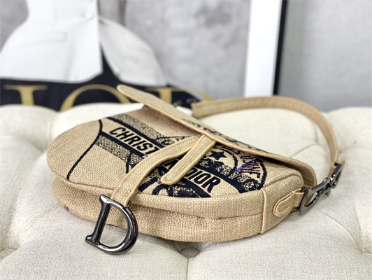 CD Saddle Bag Jute Canvas Embroidery With Dior Union Motif Beige Color