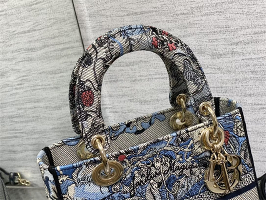 CD Medium Lady Di.or D-Lite Bag Jardin Magique Embroidery Blue and Multicolor